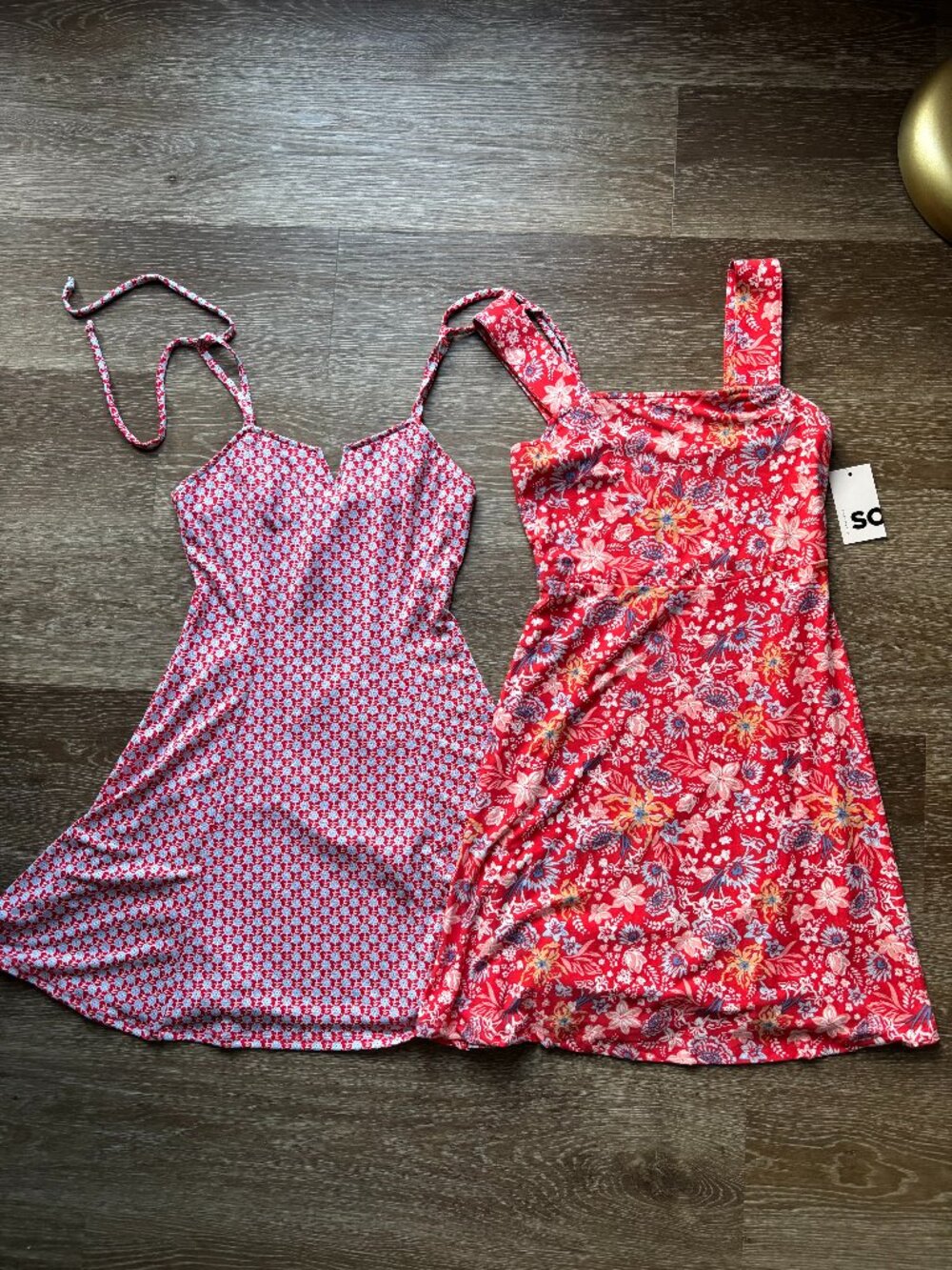 2 red floral print mini dresses